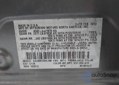 2013 Mitsubishi Outlander Sport Le z USA, uszkodzony, nr VIN 4A4AP5AU6DE016283